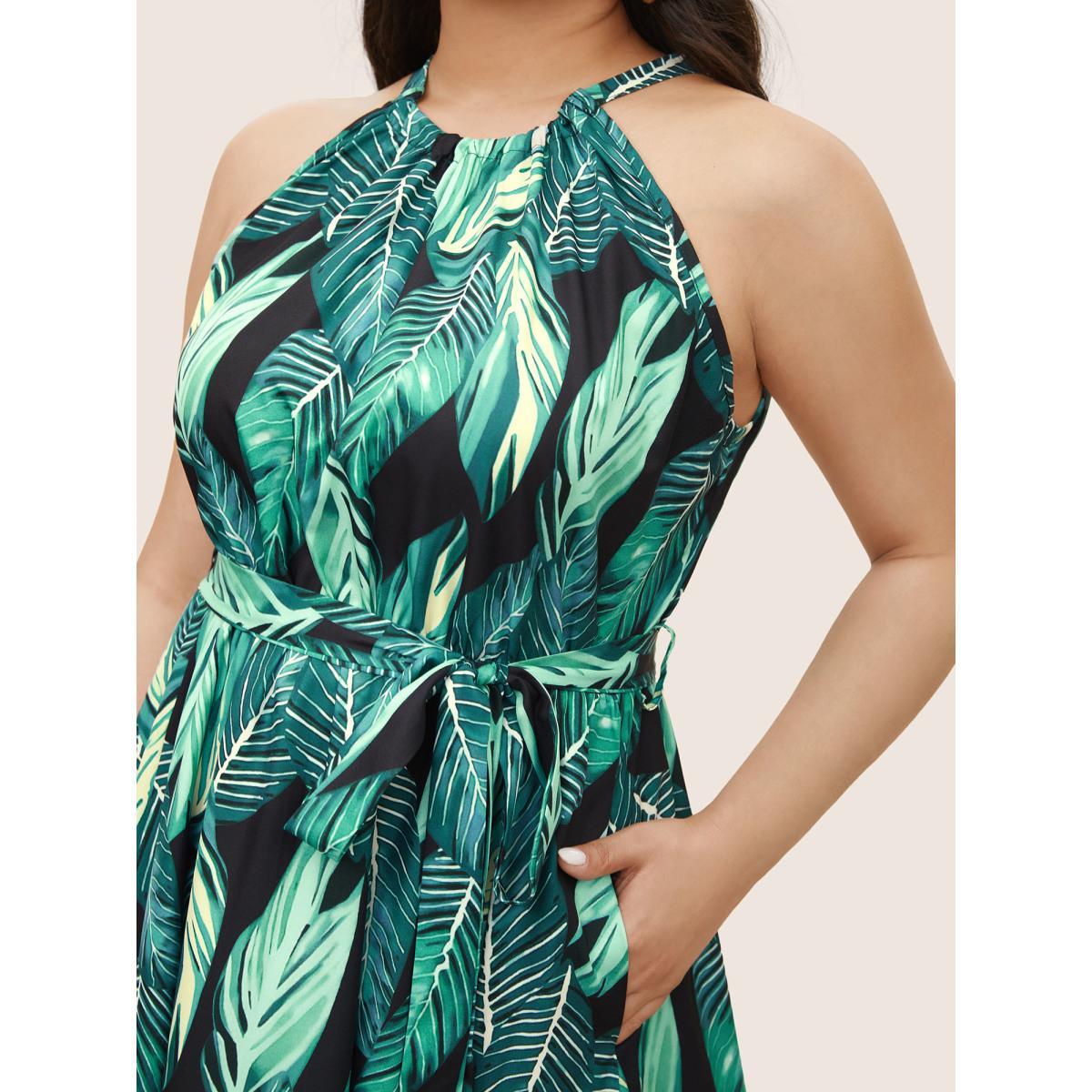 Plus Size Tropical Print Knotted Pocket Ruffles Belted Halter Dress Black Women Resort Non Halter neck Sleeveless Curvy Midi Dress BloomChic 18-20/2X Product Image