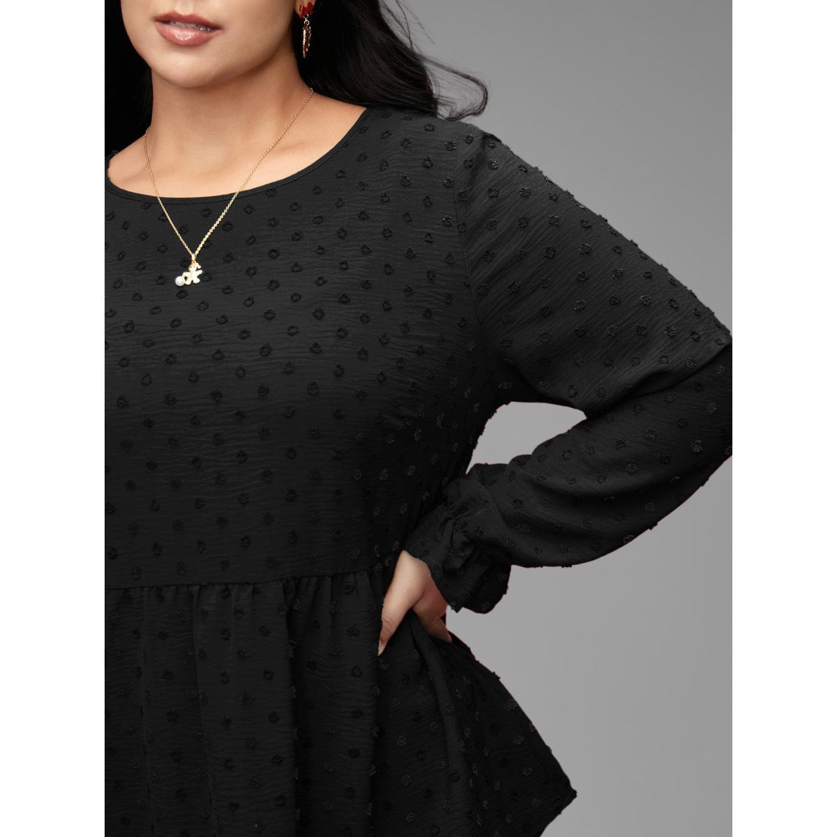 Plus Size Black Textured Dot Elastic Cuffs A-line Blouse Women Casual Long Sleeve Round Neck Everyday Blouses BloomChic 12/L Product Image