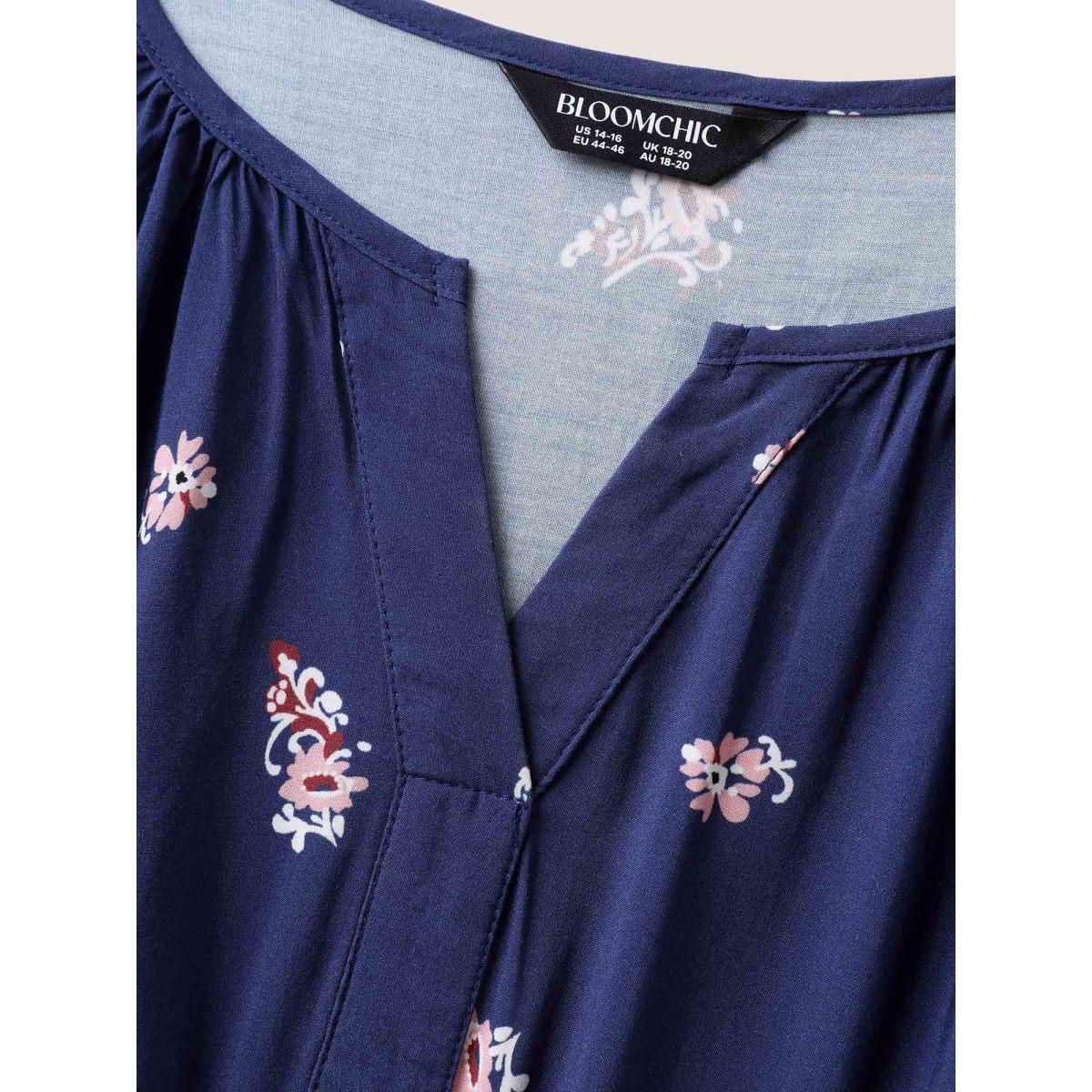 Plus Size Paisley Print Shirred Waist Midi Dress DarkBlue Women Flat collar with V-notch Elbow-length sleeve Curvy BloomChic 14-16/1X Product Image