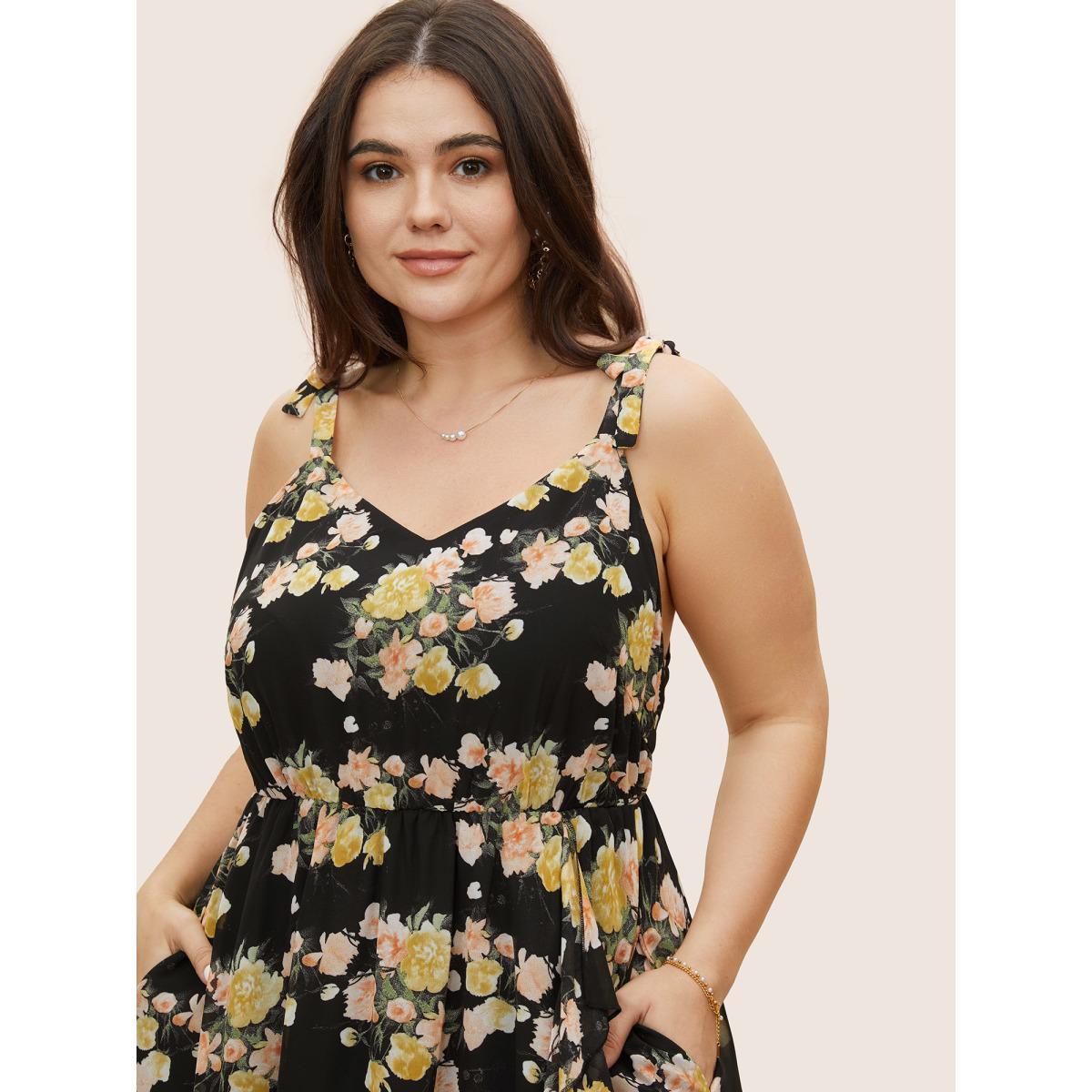 Plus Size Floral Tie Knot Elastic Waist Dress Black Women Formal Tie knot V-neck Sleeveless Curvy BloomChic 10/M Product Image