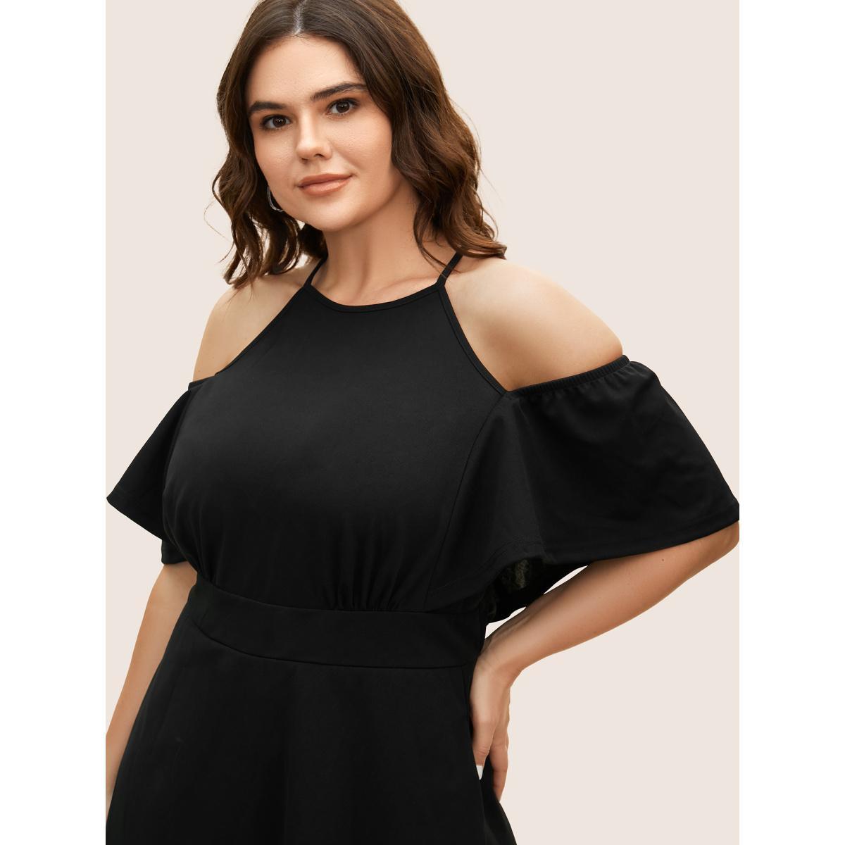 Plus Size Cold Shoulder Flutter Sleeve Midi Dress Black Women At the Office Gathered Round Neck Short sleeve Curvy BloomChic 26/4X Product Image