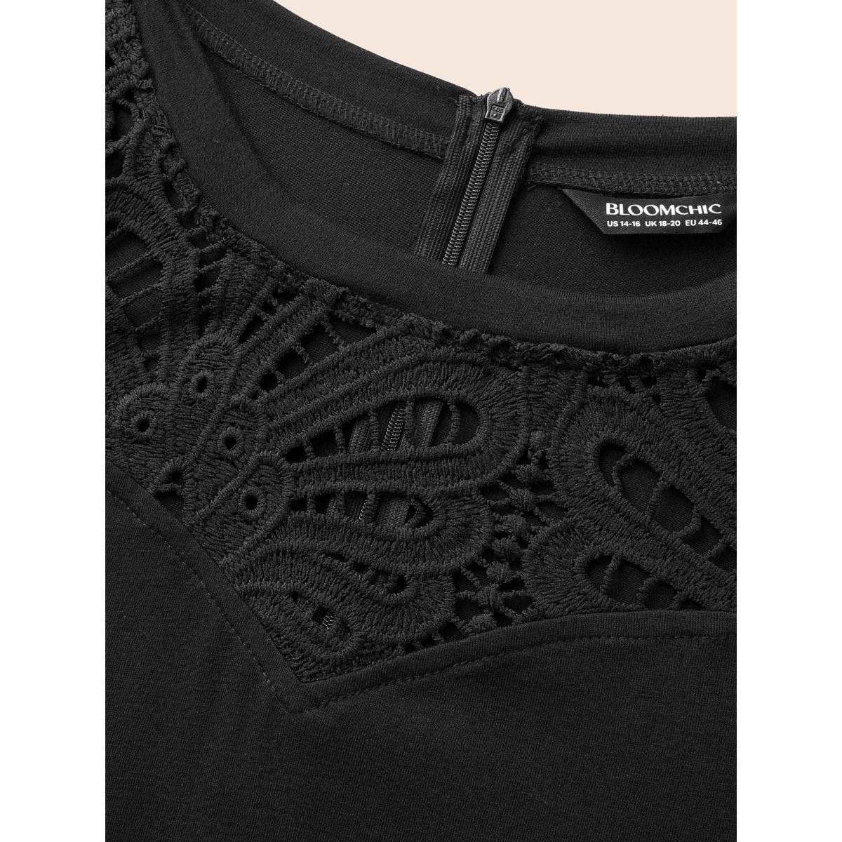 Plus Size Black Crew Neck Crochet Lace Cut Out Jumpsuit Women Resort Long Sleeve Round Neck Vacation Loose Jumpsuits BloomChic 22-24/3X Product Image