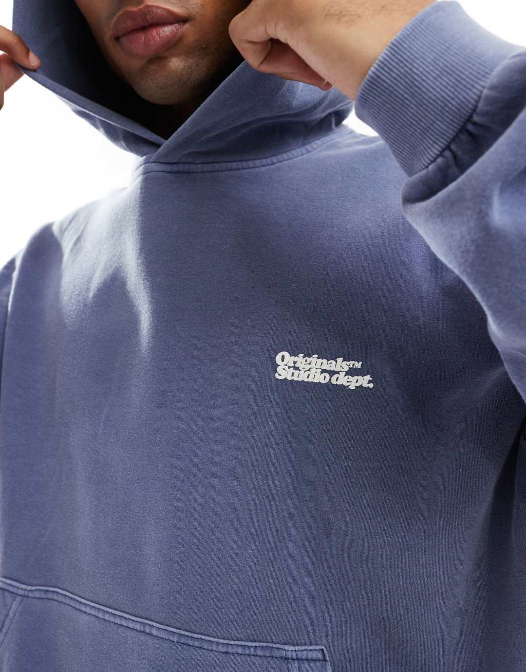 Jack & Jones oversized Originals back print hoodie in washed blue Product Image