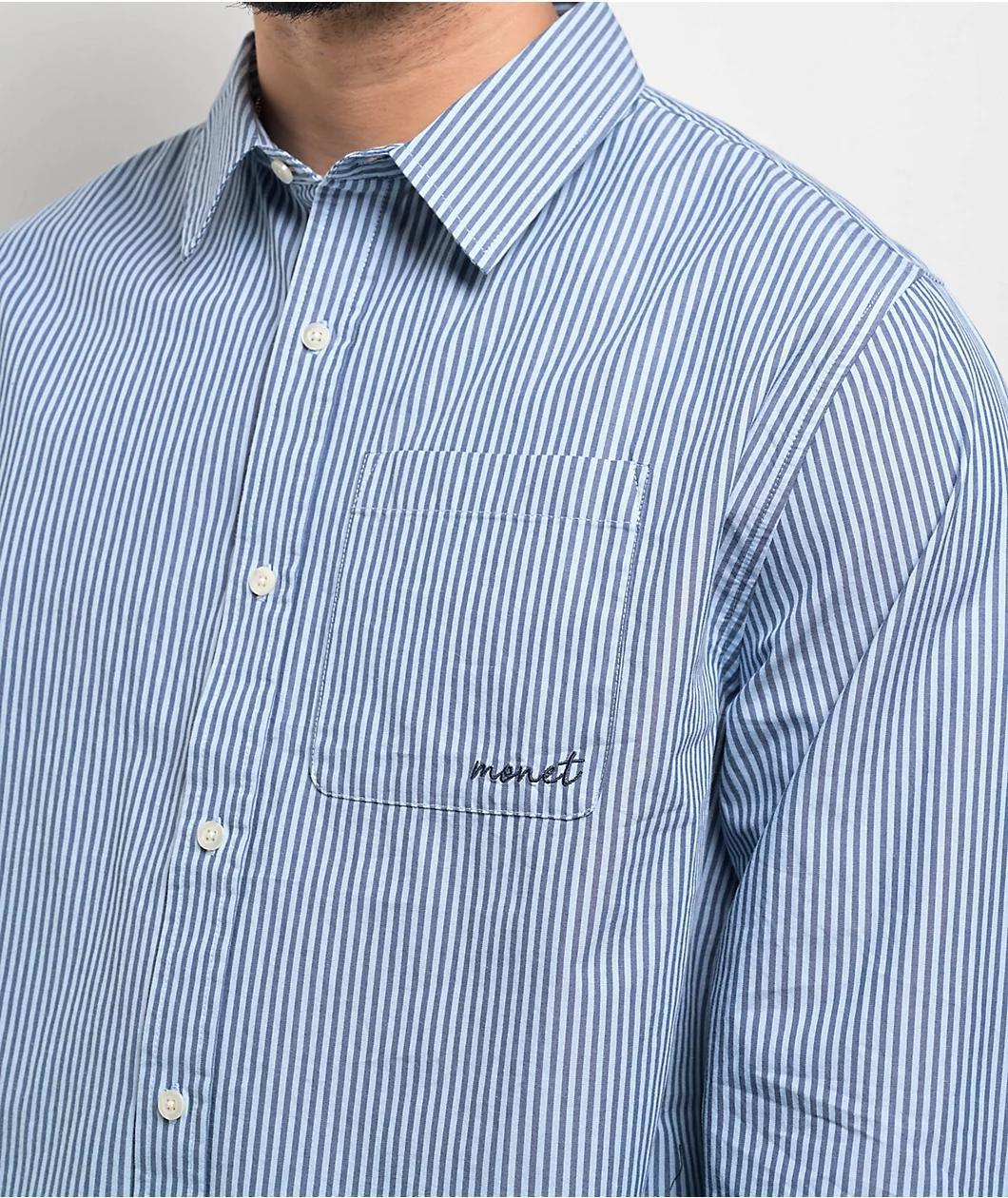 Monet Skateboards Grip Stripe Blue Long Sleeve Button Up Shirt Product Image