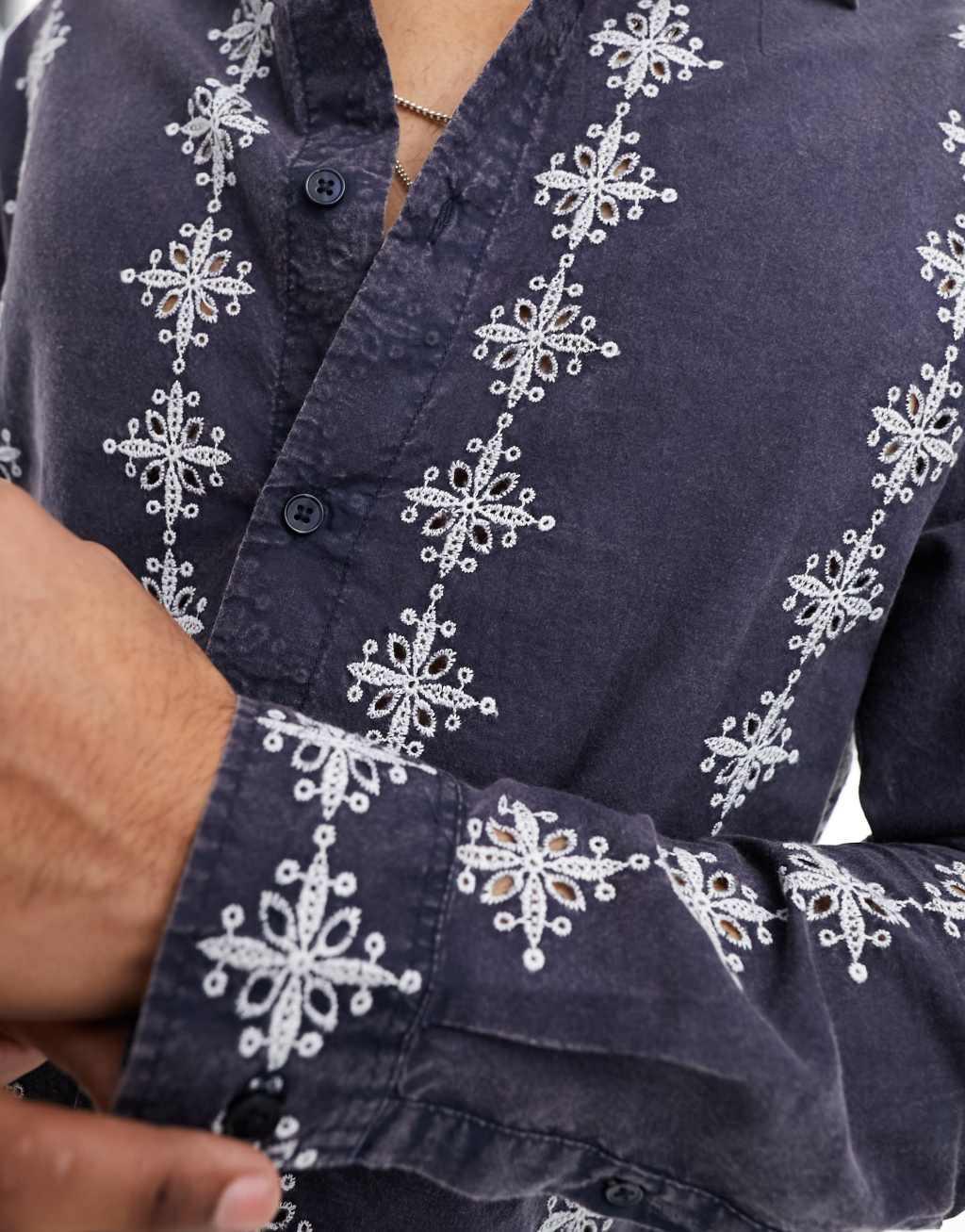 ASOS DESIGN relaxed shirt with contrast eyelet stripe-Navy Product Image