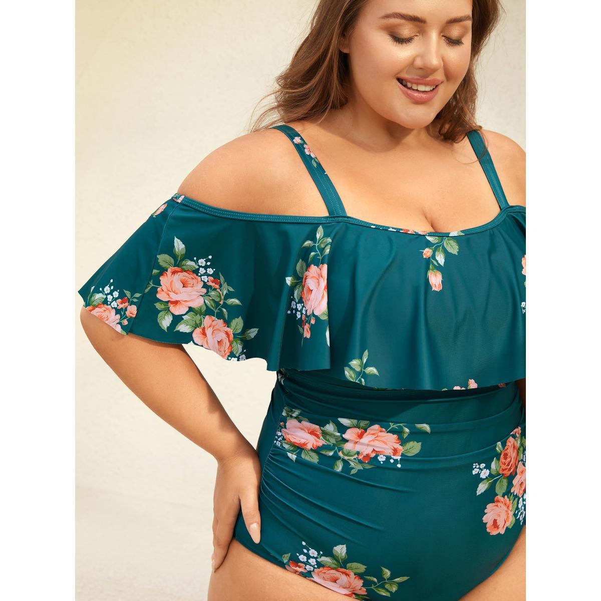 Plus Size Two-Piece Floral Ruffled Knotted One-Piece, Sarong Women's Swimwear Teal Beach Tie knot Curve Bathing Suits High stretch One Pieces BloomChic 28/5X Product Image
