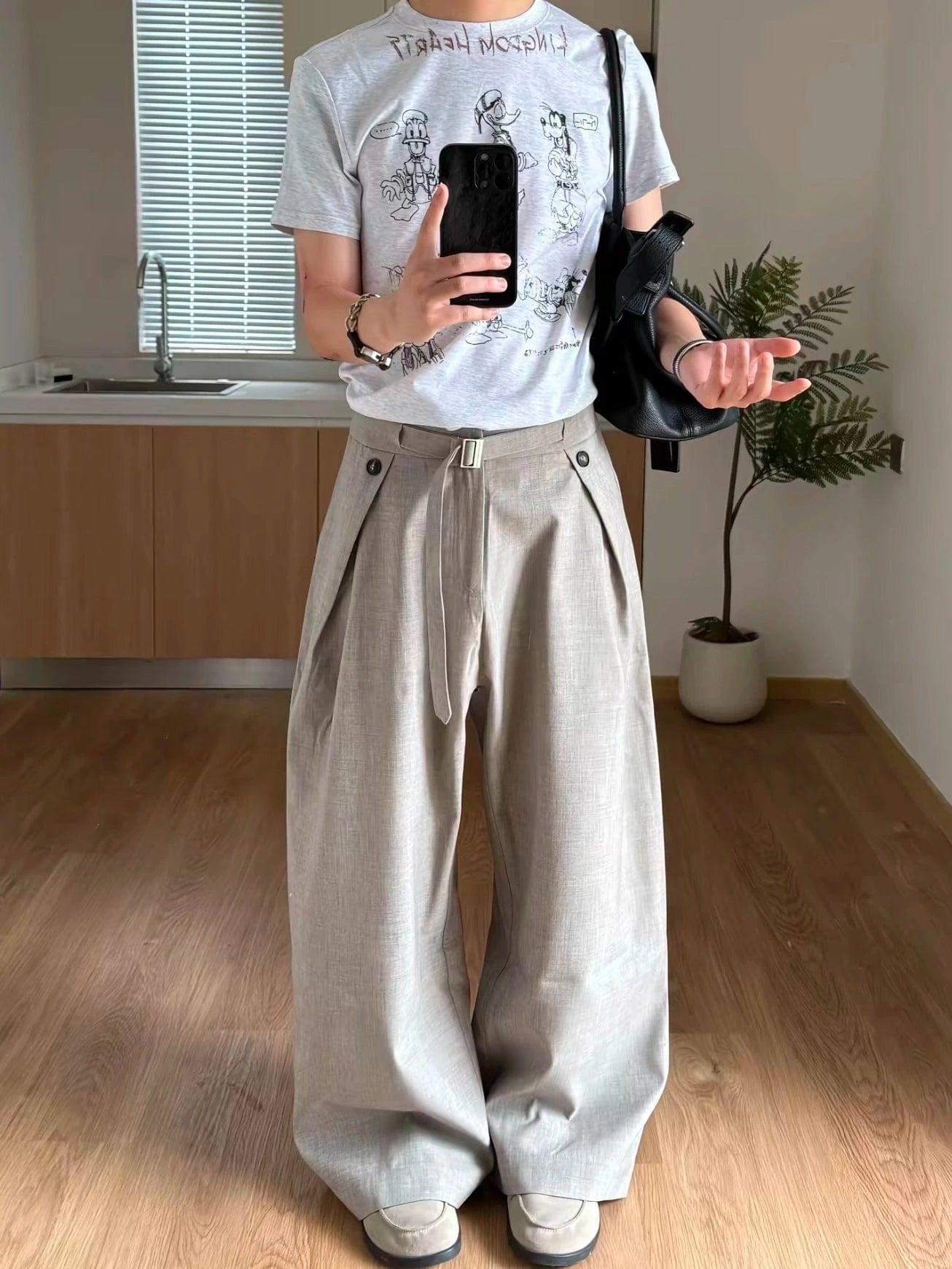 RT No. 19048 PLEATED ASH LINEN STRAIGHT PANTS Product Image