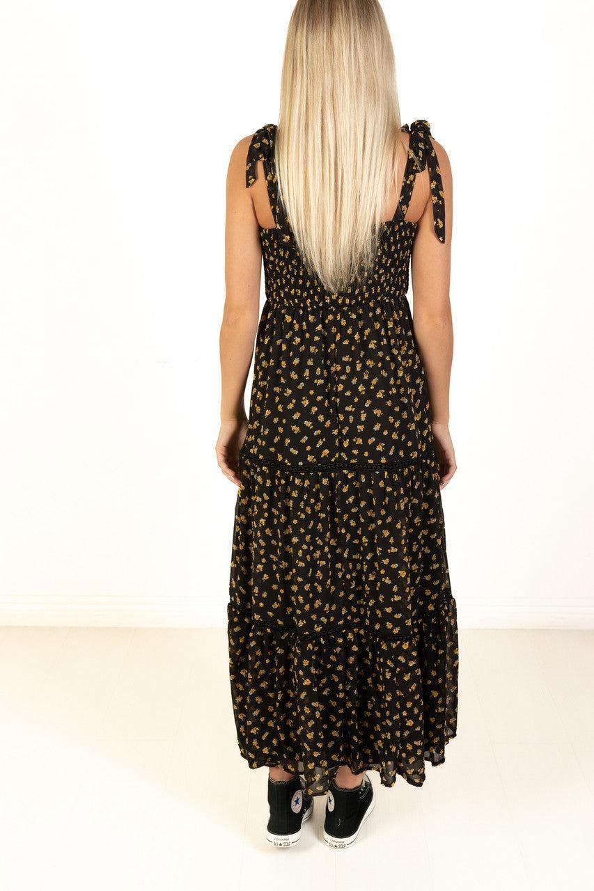 Black & Gold Floral Lace Trim Tiered Maxi Dress Product Image