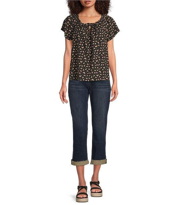 Lucky Brand Woven Floral Print Crew Neck Short Sleeve Top Product Image