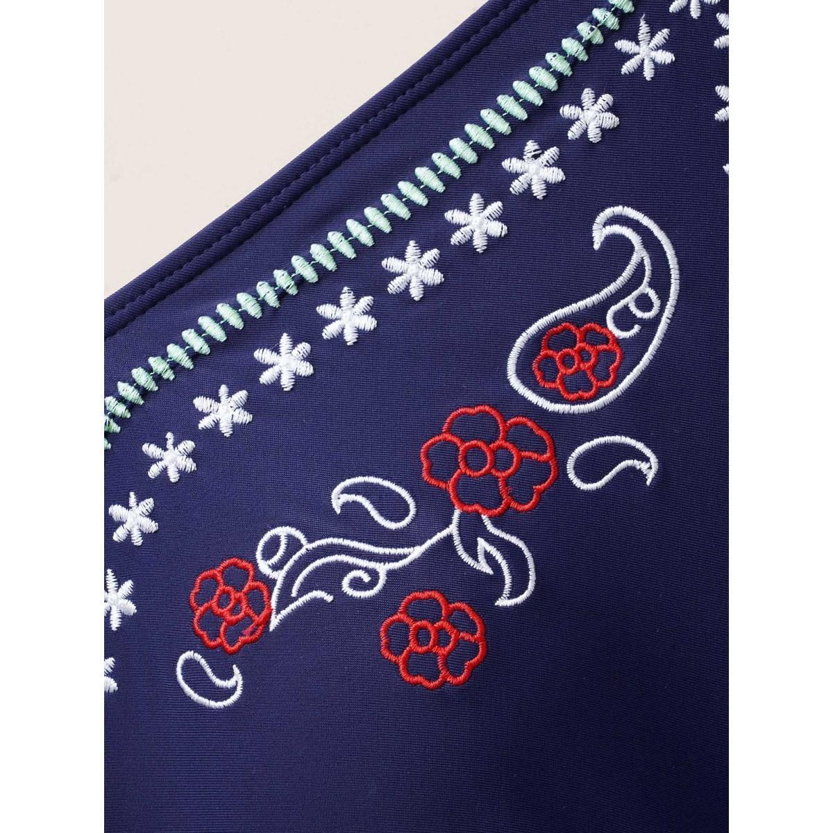 Plus Size V Neck Floral Embroidered Ruched One Piece Swimsuit Women's Swimwear Indigo Beach Gathered Curve Bathing Suits High stretch One Pieces BloomChic 18-20/2X Product Image