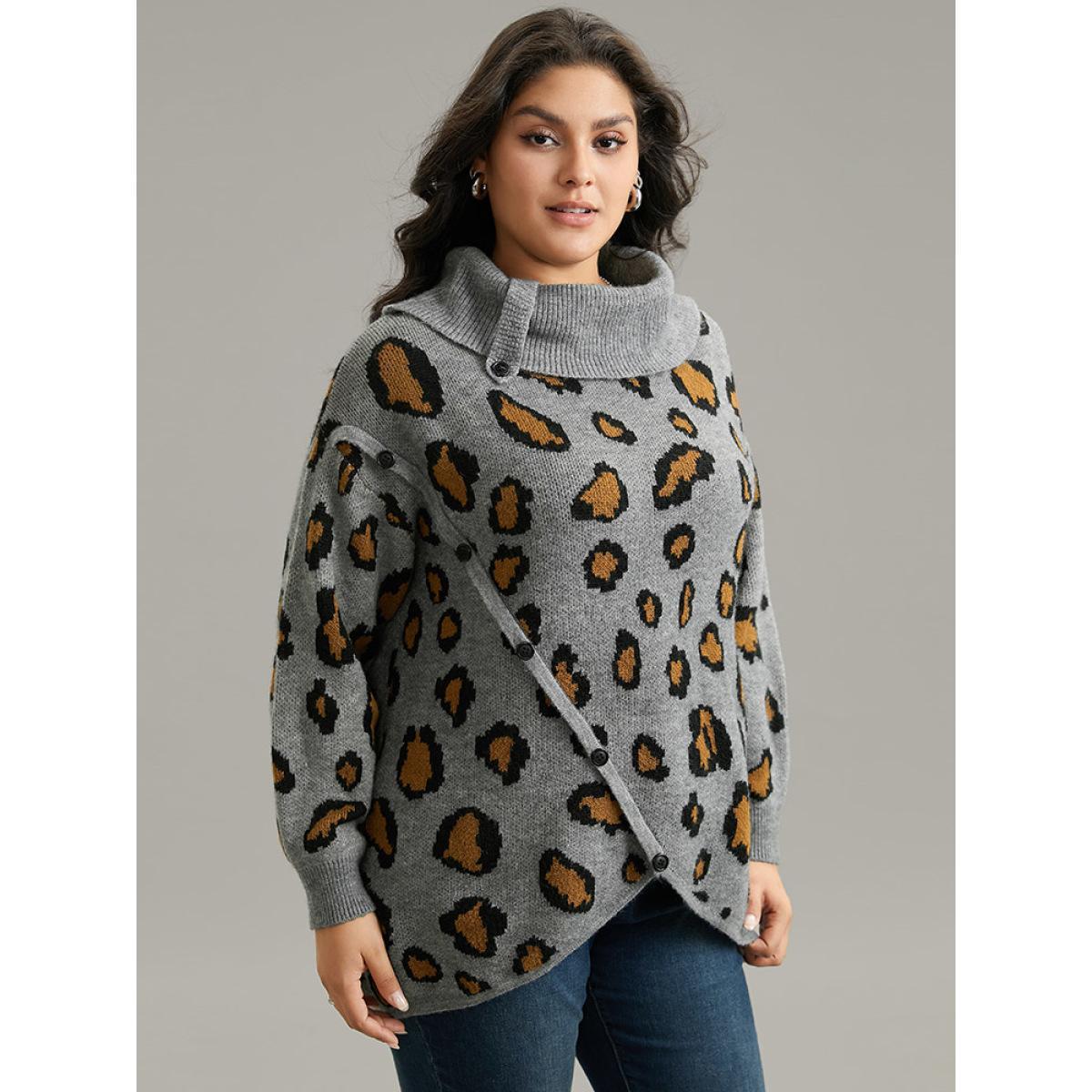 Plus Size Anti-Pilling Leopard PrintLapel Collar Button Detail Pullover Gray Women Casual Loose Long Sleeve Lapel Collar Dailywear Pullovers BloomChic 12/L Product Image