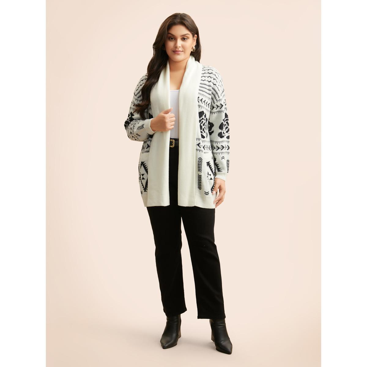 Plus Size Geometric Jacquard Lapel Collar Cardigan Beige Women Casual Loose Long Sleeve Everyday Cardigans BloomChic 26/4X Product Image