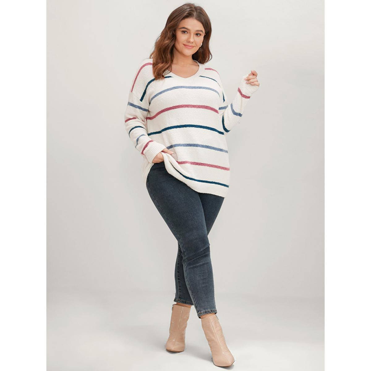 Plus Size Striped Contrast Super Soft Knit V Neck Fluffy Knit Top Ivory Women Elegant Loose Long Sleeve V-neck Dailywear Pullovers BloomChic 22-24/3X Product Image