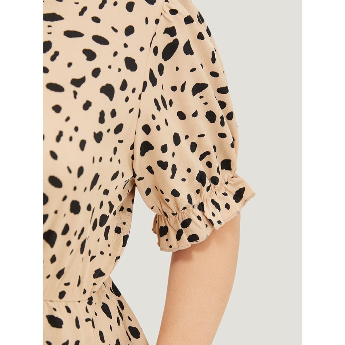 Plus Size Leopard Print Puff Sleeve Pocket Wrap Ruffle Trim Dress Apricot Women Office Wrap V-neck Short sleeve Curvy Knee Dress BloomChic 10/M Product Image
