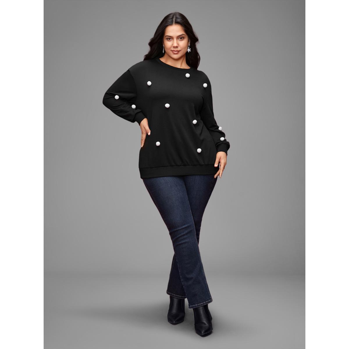 Plus Size 3D Dots Round Neck Relaxed Fit Sweatshirt Women Black Casual Patchwork Round Neck Everyday Sweatshirts BloomChic 10/M Product Image