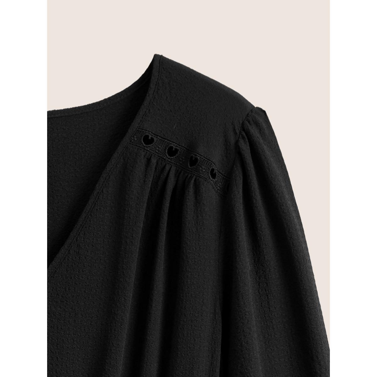 Plus Size Hollow Out Lantern Sleeve Flutter Layered Hem Dress Black Women At the Office Non V-neck Long Sleeve Curvy Midi Dress BloomChic 30/6X Product Image