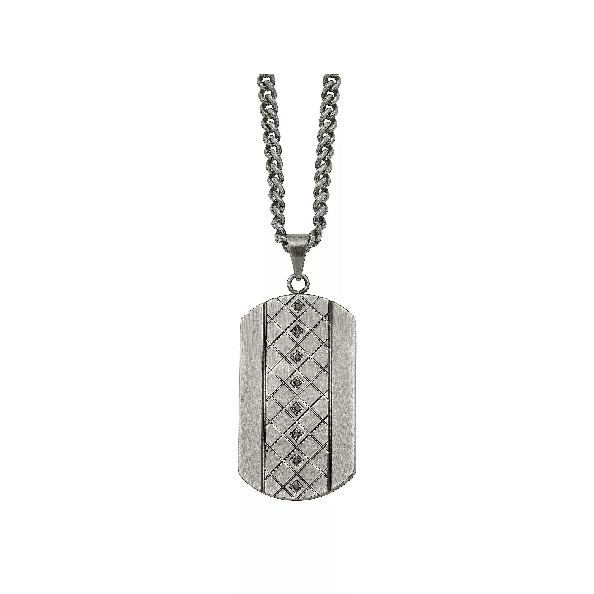 Mens Stainless Steel Black Cubic Zirconia Dog Tag Necklace Product Image