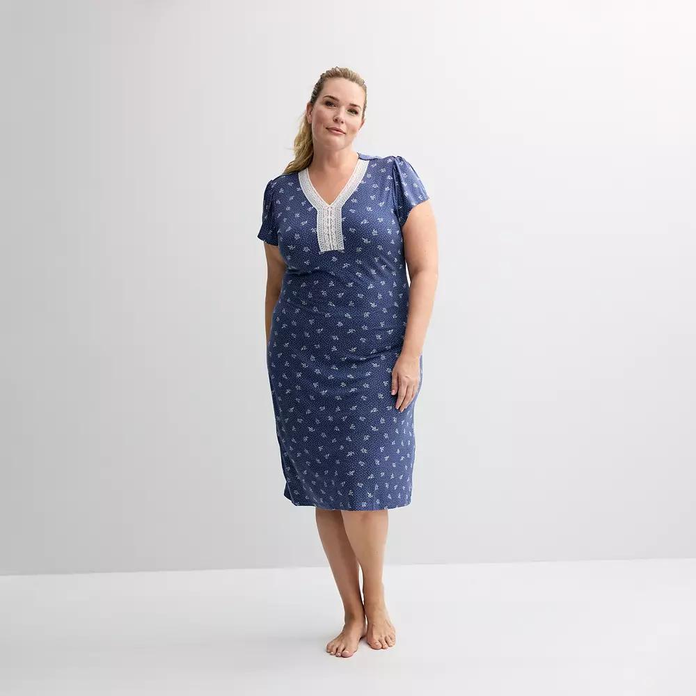 Plus Size Miss Elaine Essentials Micro Velvet Long Nightgown, Women's, Size: 2XL, Blue Floral Product Image
