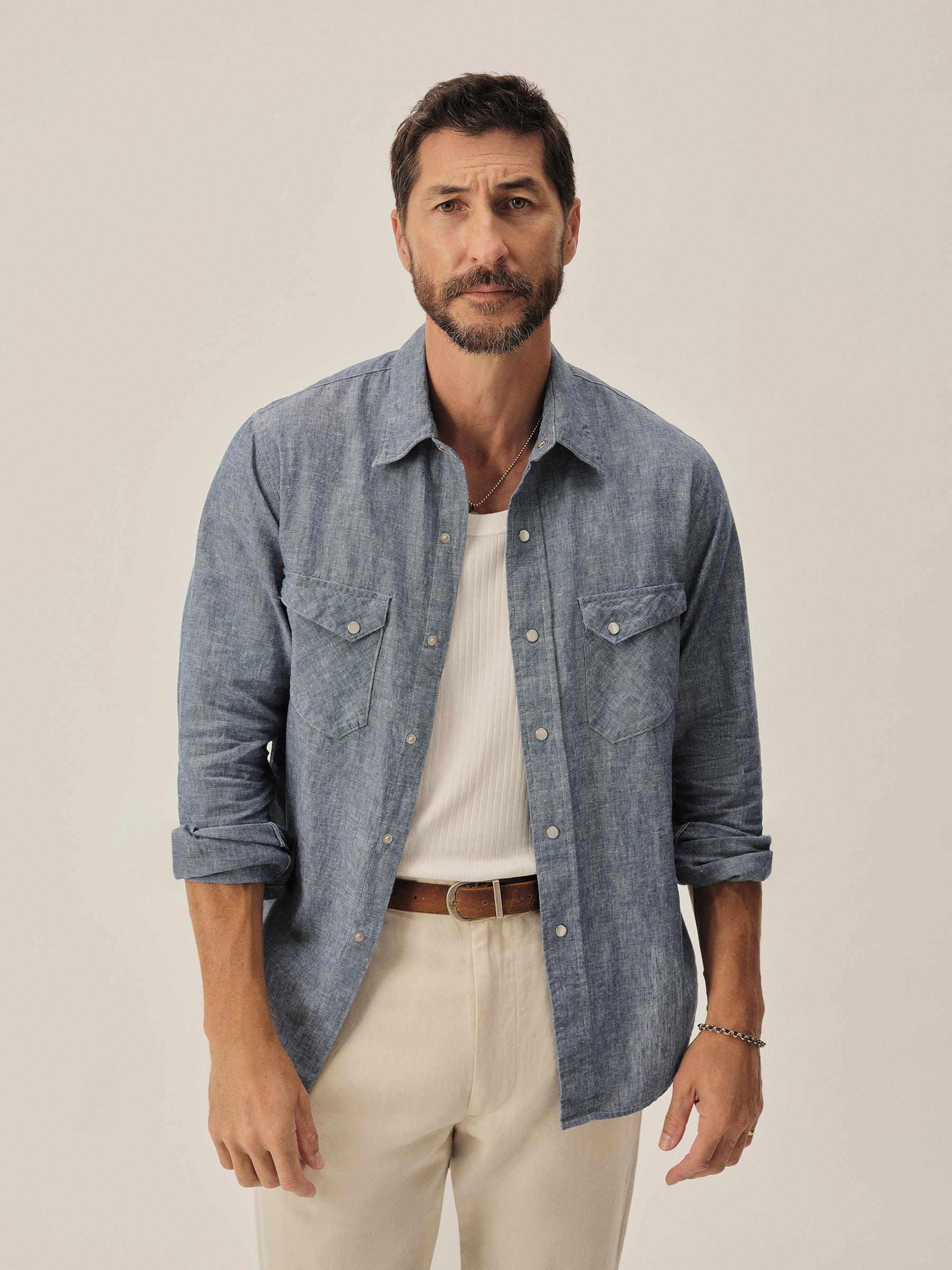 Light Blue End on End Linen/Cotton Pacific Drifter Western Shirt Product Image