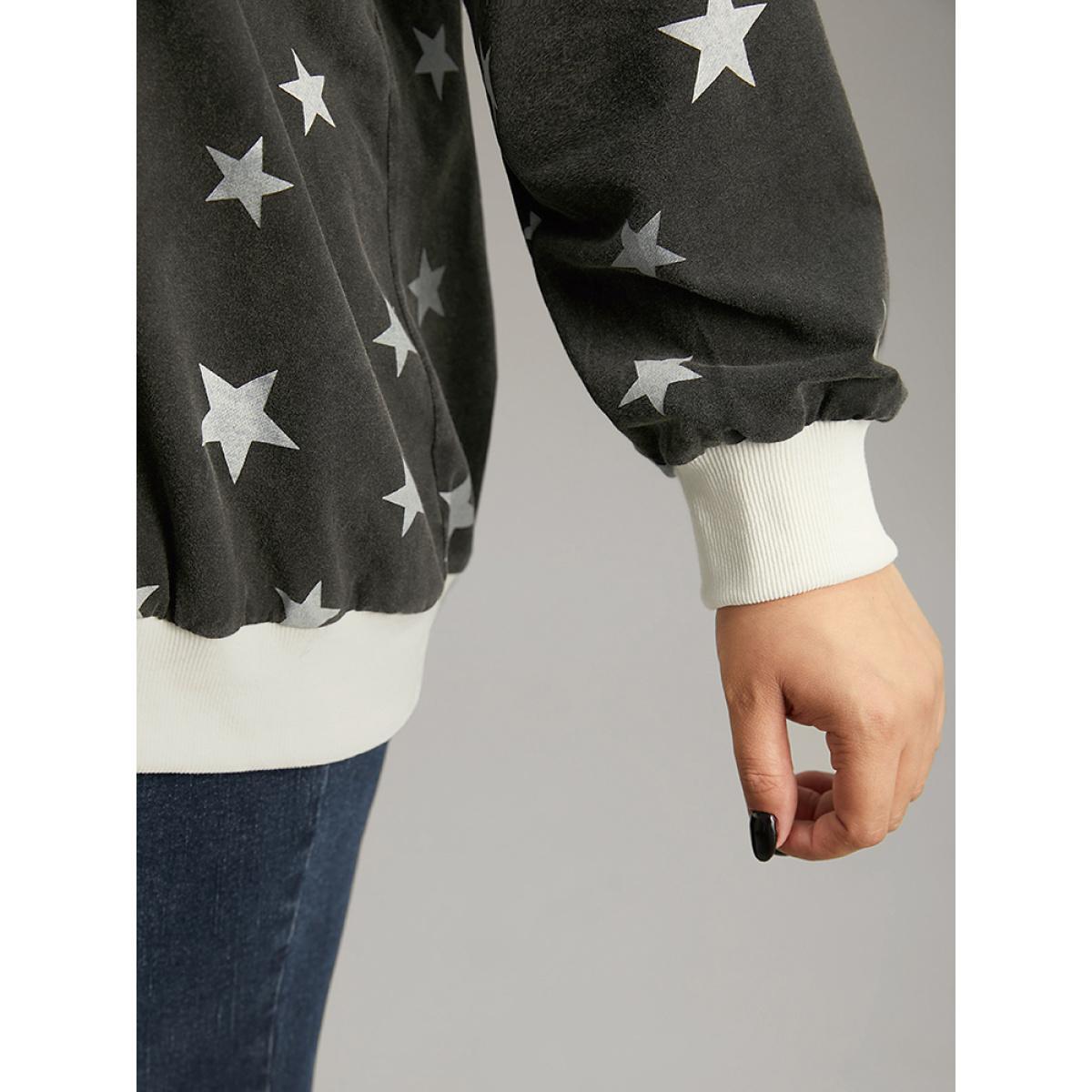 Plus Size Star Print Keyhole Rib Knit Hem Sweatshirt Women Black Casual Elastic cuffs Keyhole Cut-Out Dailywear Sweatshirts BloomChic 18-20/2X Product Image