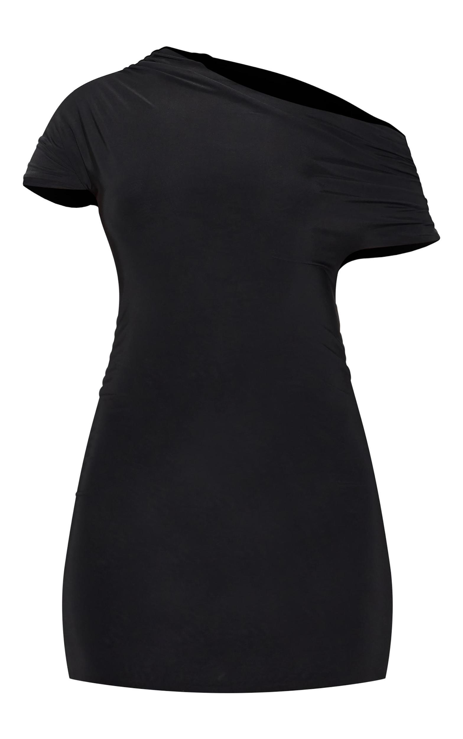 Black Slinky Off The Shoulder Ruched Mini Dress Product Image