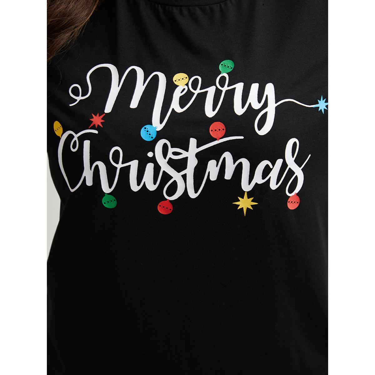 Plus Size Christmas Letter Print Crew Neck T-shirt Black Women Casual Printed Christmas Festival-Christmas T-shirts BloomChic 12/L Product Image