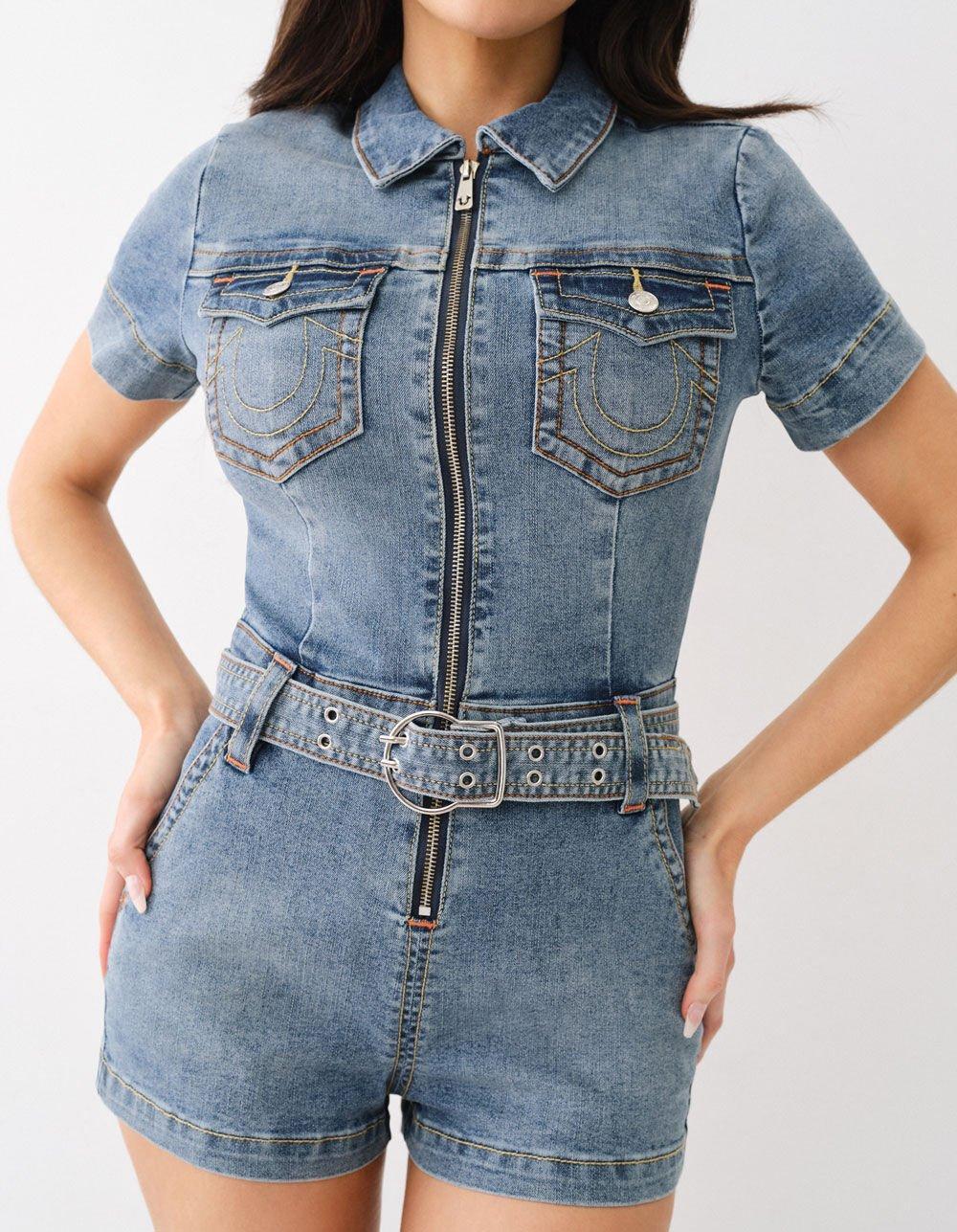 TRUE RELIGION Womens Belted Denim Zip Romper - MEDIUM WASH Product Image