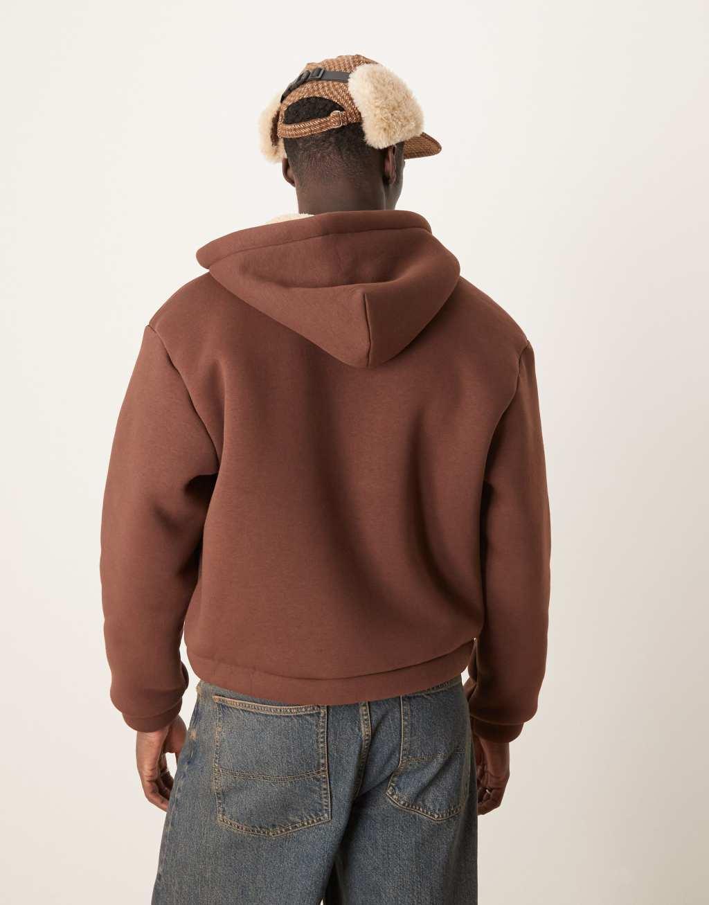 ASOS DESIGN oversized boxy borg lined hoodie in brown Product Image