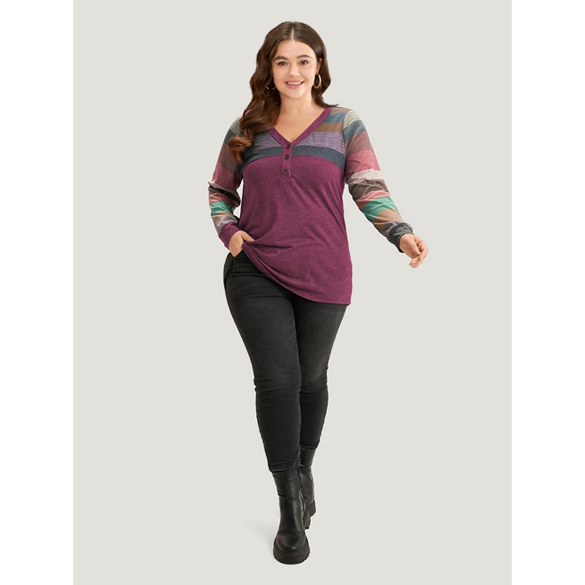 Plus Size Colorblock Contrast V Neck Button Up T-shirt Russet Women Casual Elastic cuffs Striped V-neck Everyday T-shirts BloomChic 12/L Product Image