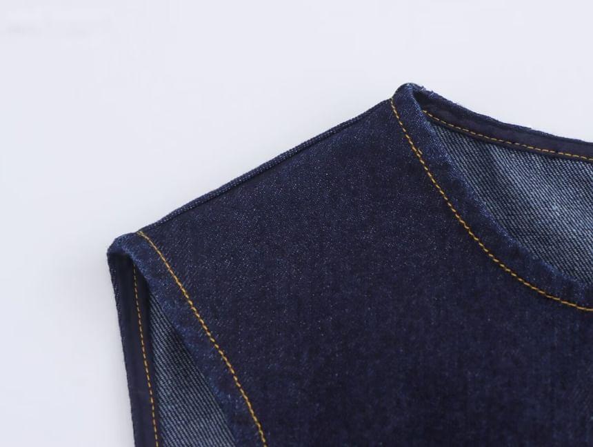 Sleeveless Round Neck Contrast Stitching Denim Midi Sheath Dress Product Image