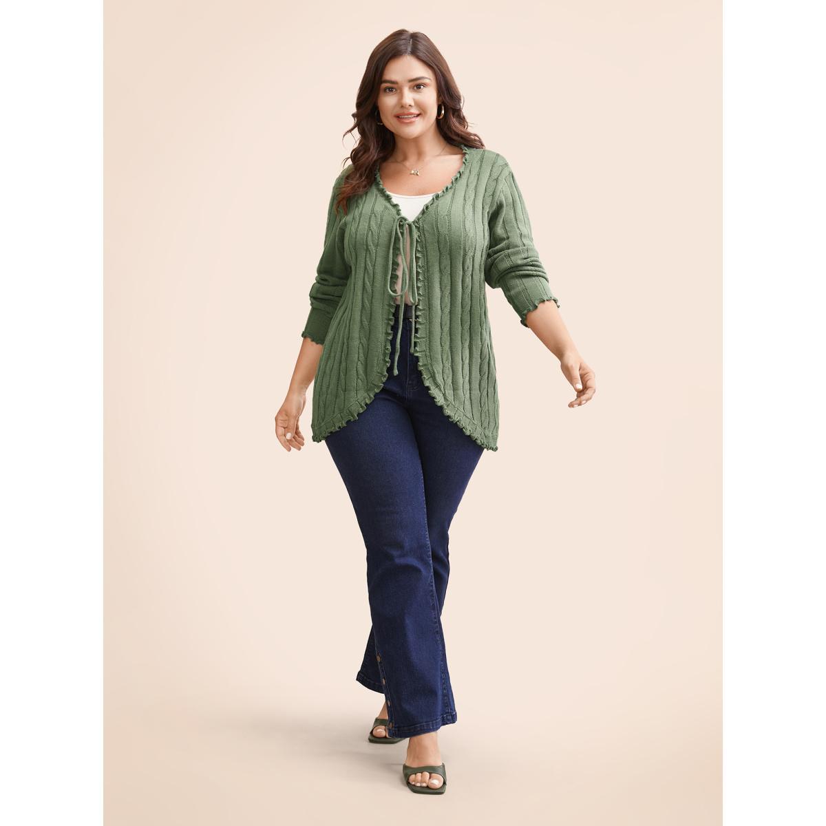 Plus Size Cable Knit Tie Knot Frill Trim Cardigan Greenbean Women Casual Loose Long Sleeve Everyday Cardigans BloomChic 28/5X Product Image