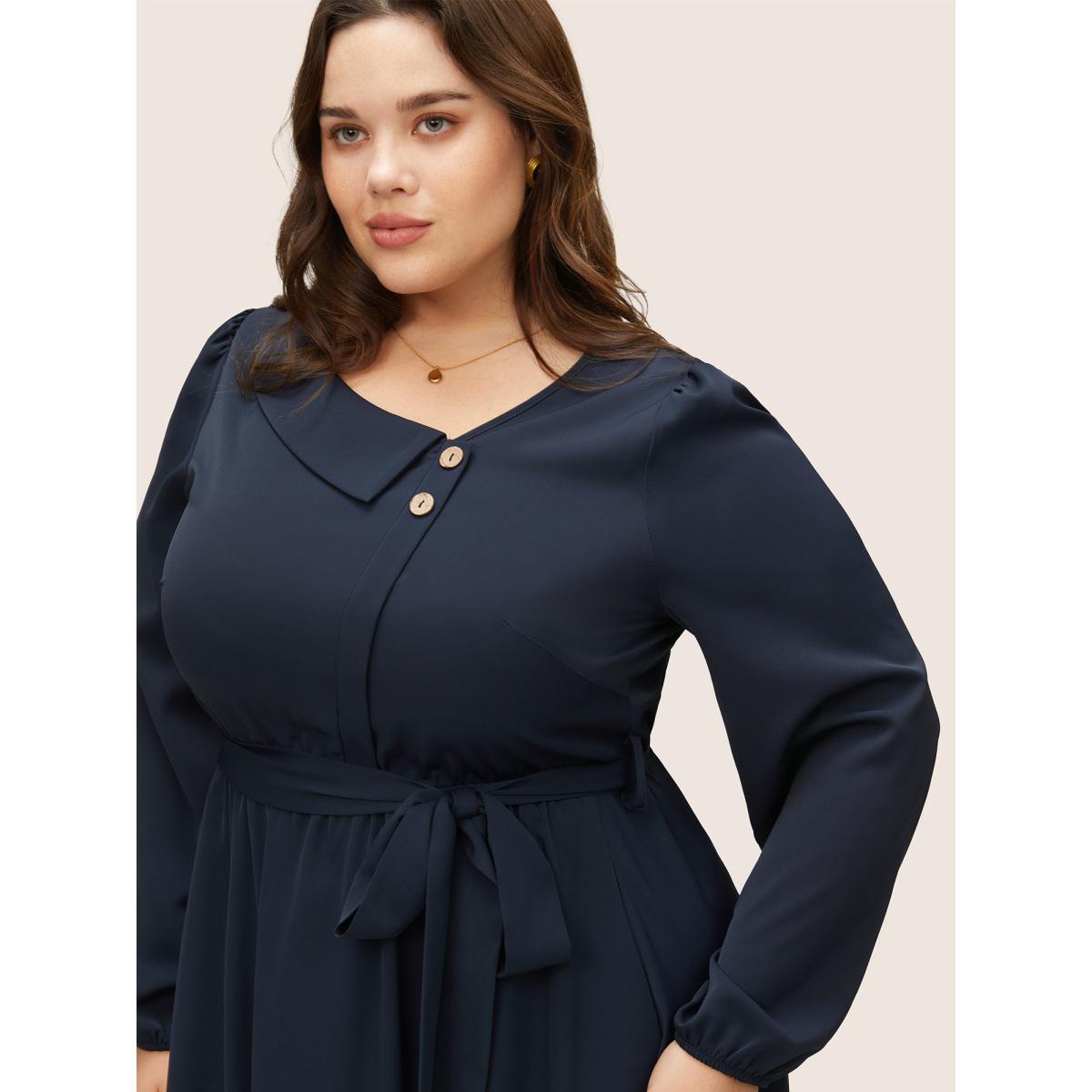 Plus Size Anti-Wrinkle Asymmetrical Neck Button Detail Dress Indigo Women At the Office Non Asymmetrical Neck Long Sleeve Curvy Midi Dress BloomChic 28/5X Product Image