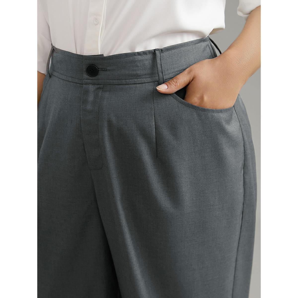 Plus Size Plain Pockec Straight Leg Zipper Fly Pants Women DimGray Office Straight Leg High Rise Work Pants BloomChic 30/6X Product Image