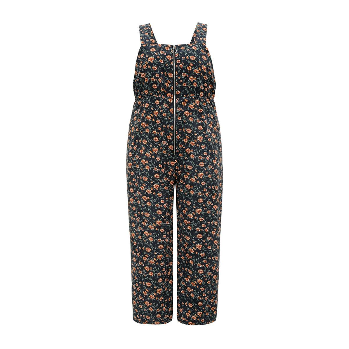 Plus Size Indigo Ditsy Floral O Ring Zipper Corduroy Jumpsuit Women Casual Sleeveless Spaghetti Strap Everyday Loose Jumpsuits BloomChic 28/5X Product Image