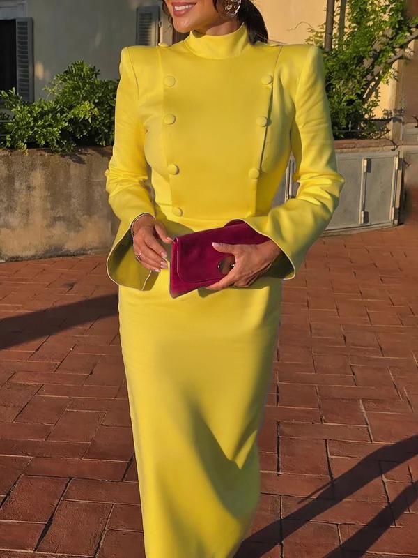 Flared Sleeves High Waisted Buttoned Solid Color Mock Neck Midi Dresses Product Image
