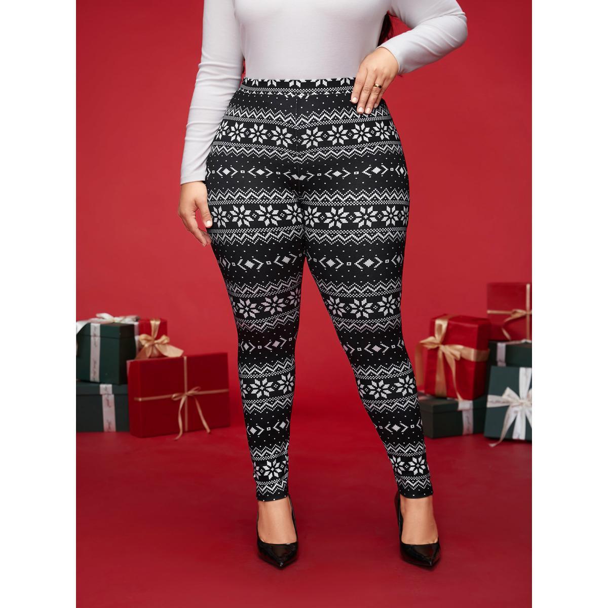 Plus Size Snowflakes Printed High-Waist Stretchy Leggings Women BlackFlower Casual High stretch Skinny Mid Rise Everyday Leggings BloomChic 30/6X Product Image