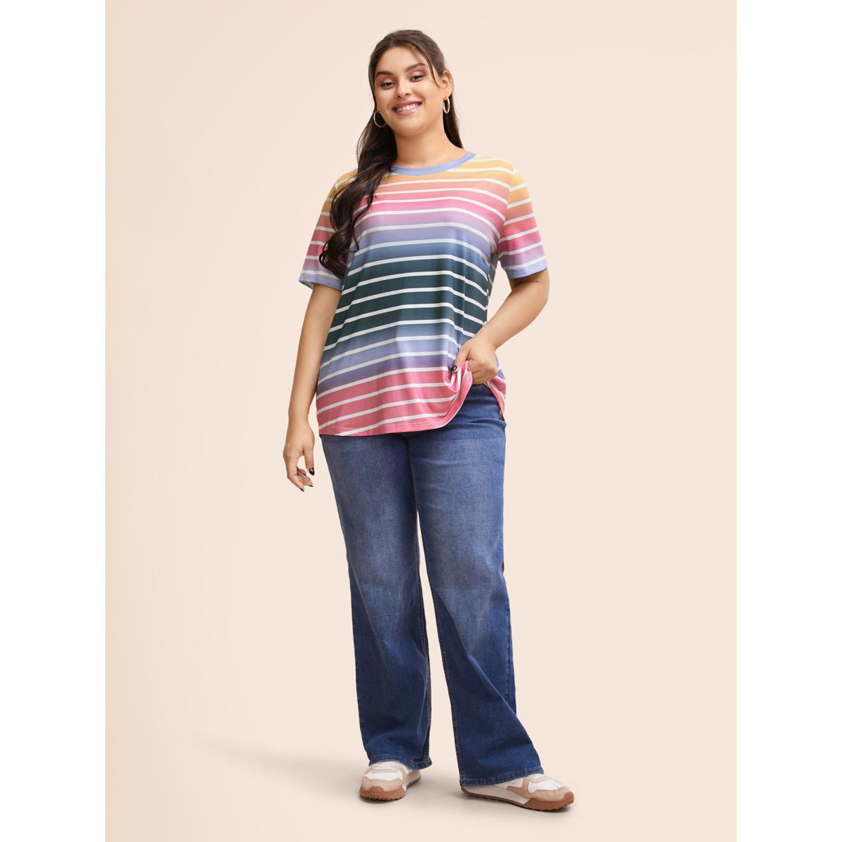 Plus Size Round Neck Contrast Striped T-shirt Multicolor Women Casual Contrast Round Neck Everyday T-shirts BloomChic 18-20/2X Product Image