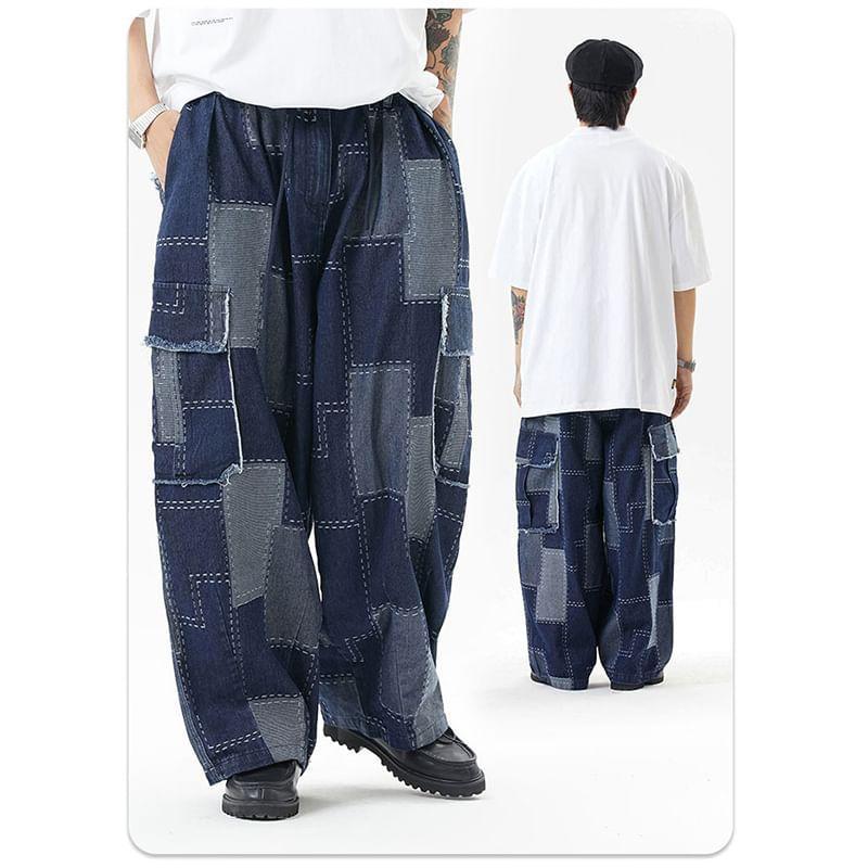 Low Rise Patchwork Frayed Wide Leg Cargo Jeans Product Image