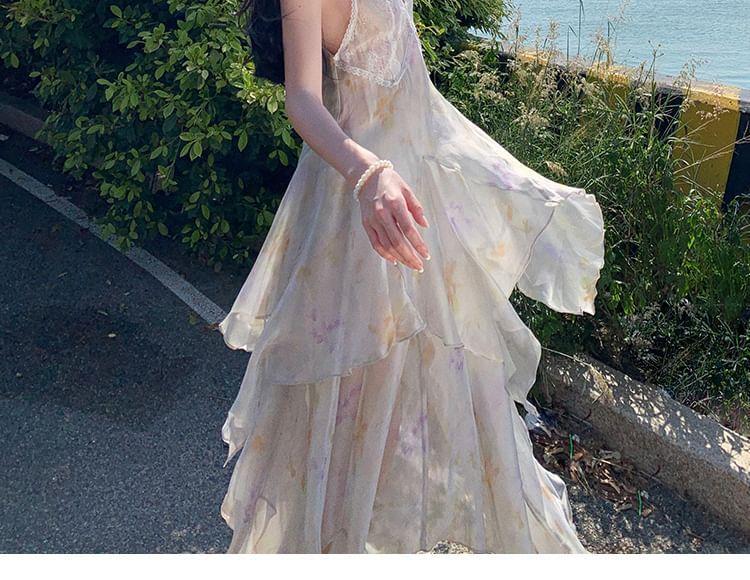 Spaghetti Strap V-Neck Tie Dye Asymmetrical Layered Open Back A-Line Dress Product Image