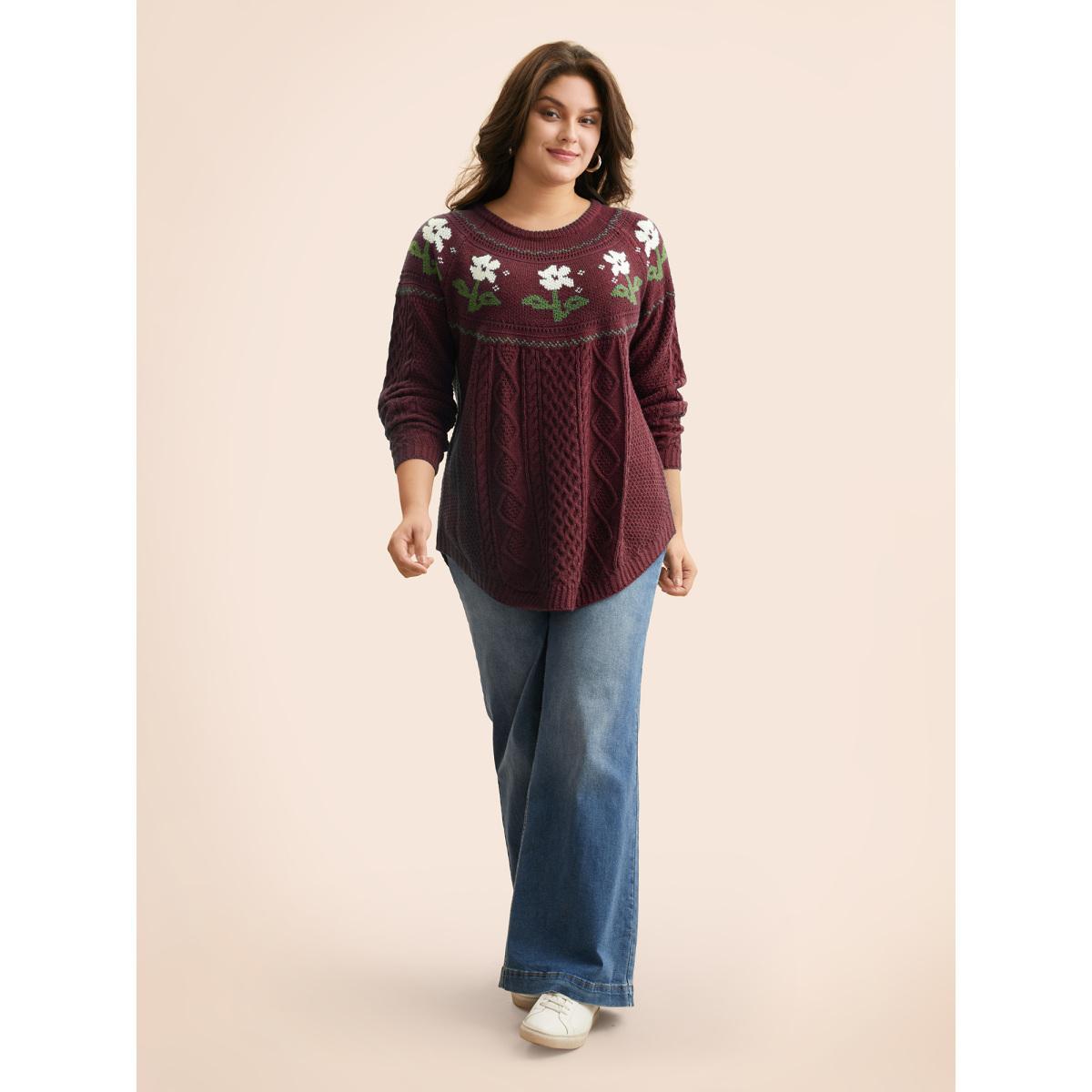 Plus Size Floral Jacquard Raglan Sleeve Pullover Deepred Women Casual Long Sleeve Round Neck Everyday Pullovers BloomChic 26/4X Product Image