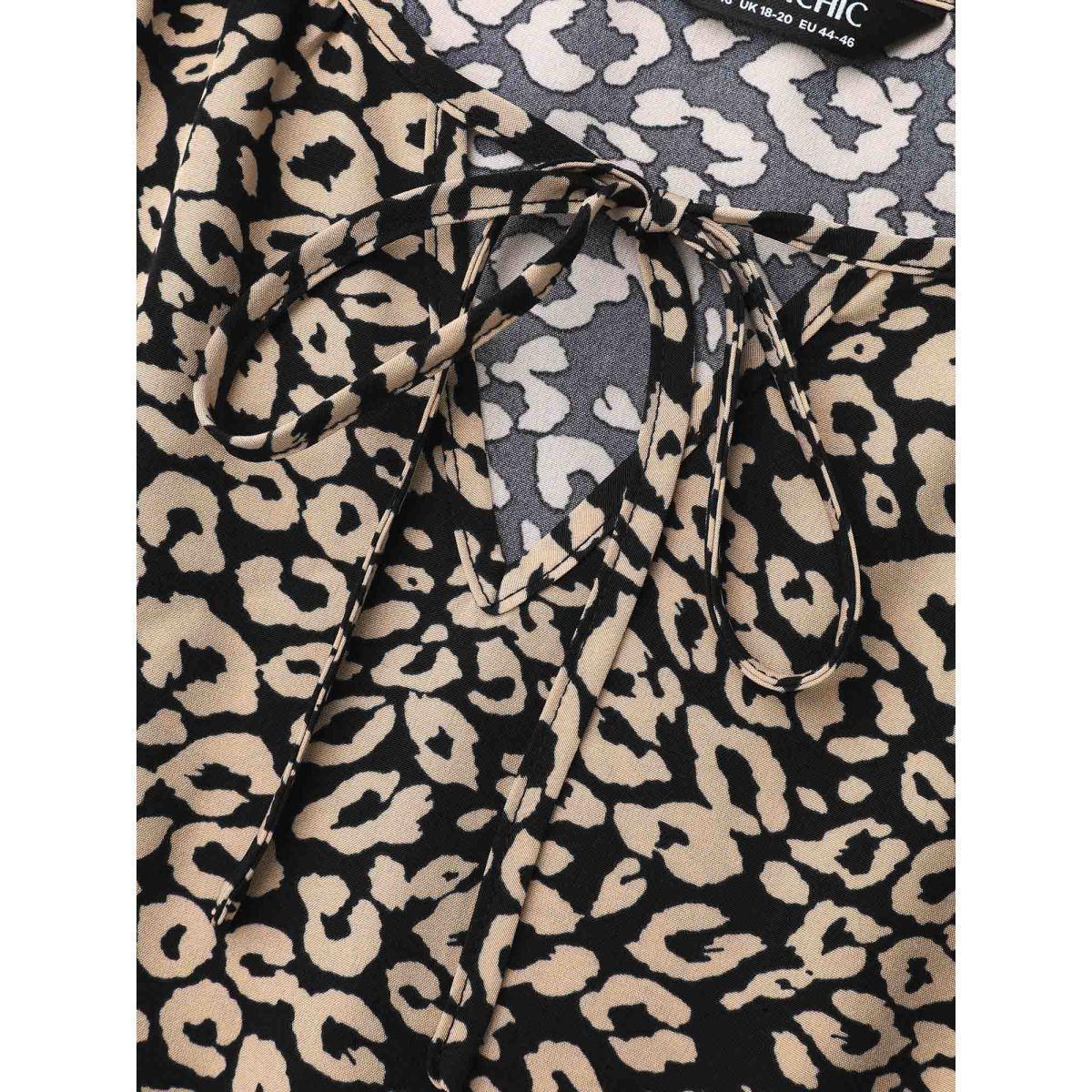 Plus Size Leopard Print Tiered Hem Pockets Midi Dress BlackFlower Women Elegant Tie knot V-neck Long Sleeve Curvy BloomChic 22-24/3X Product Image
