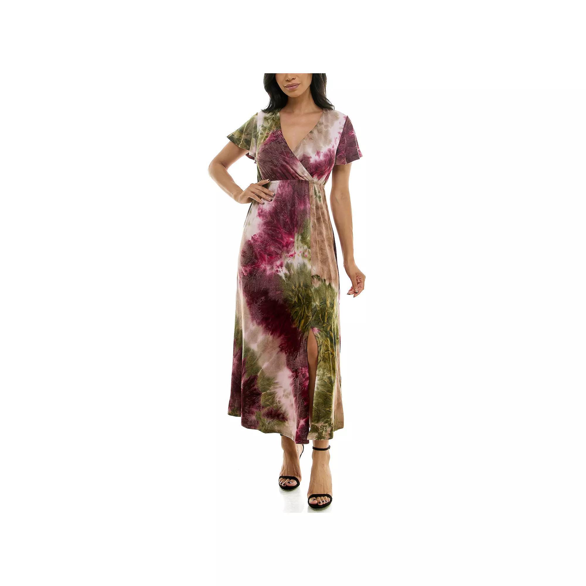 Women's Nina Leonard Tie Dye Print Flutter Sleeve V-Neck Maxi Dress, Size: Small, Grey Team Product Image