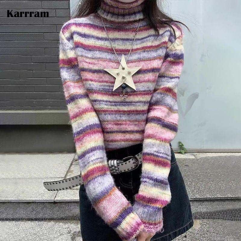 Long Sleeve Mock Neck Striped Loose-Fit Sweater Product Image