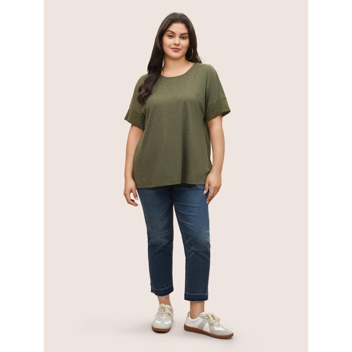 Plus Size Solid Lace Insert Batwing Sleeve T-shirt ArmyGreen Women Casual Texture Plain Round Neck Everyday T-shirts BloomChic 12/L Product Image