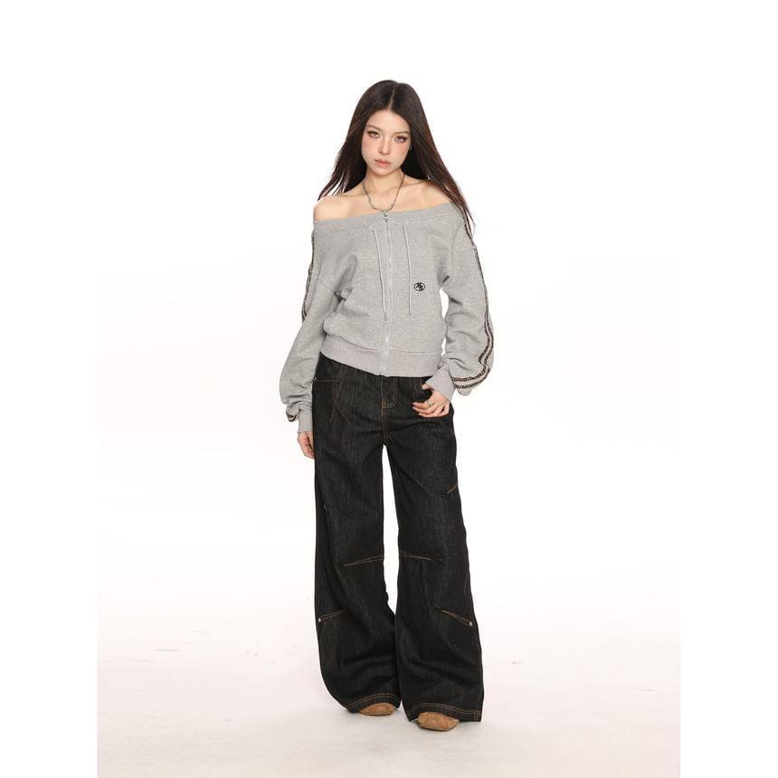 Off Shoulder Striped Zip Up Jacket Product Image