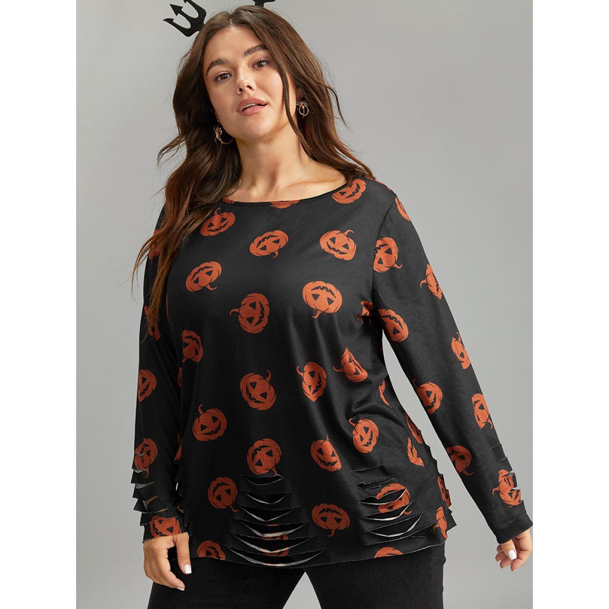 Plus Size Halloween Pumpkin Print Distressed T-shirt Black Women Casual Printed Graphic-Halloween Round Neck Festival-Halloween T-shirts BloomChic 30/6X Product Image