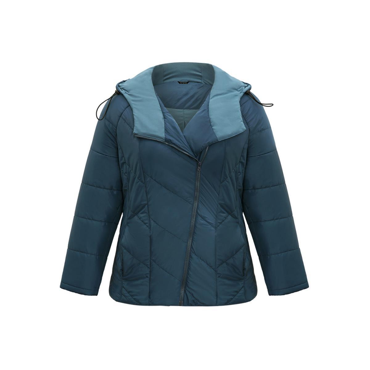 Plus Size Plain Drawstring Padded Zipper Pocket Hooded Jacket Women Blue Lined Pocket Dailywear Jackets BloomChic 30/6X Product Image