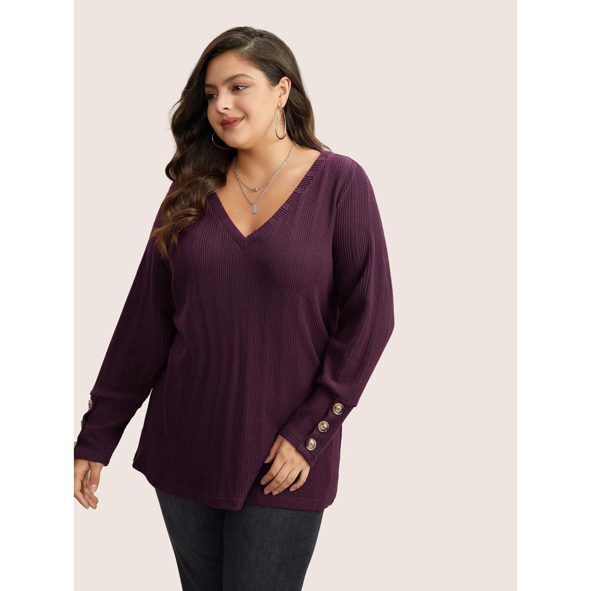 Plus Size Rib Knit V Neck Button Detail T-shirt Eggplant Women Casual Non Plain V-neck Everyday T-shirts BloomChic 28/5X Product Image