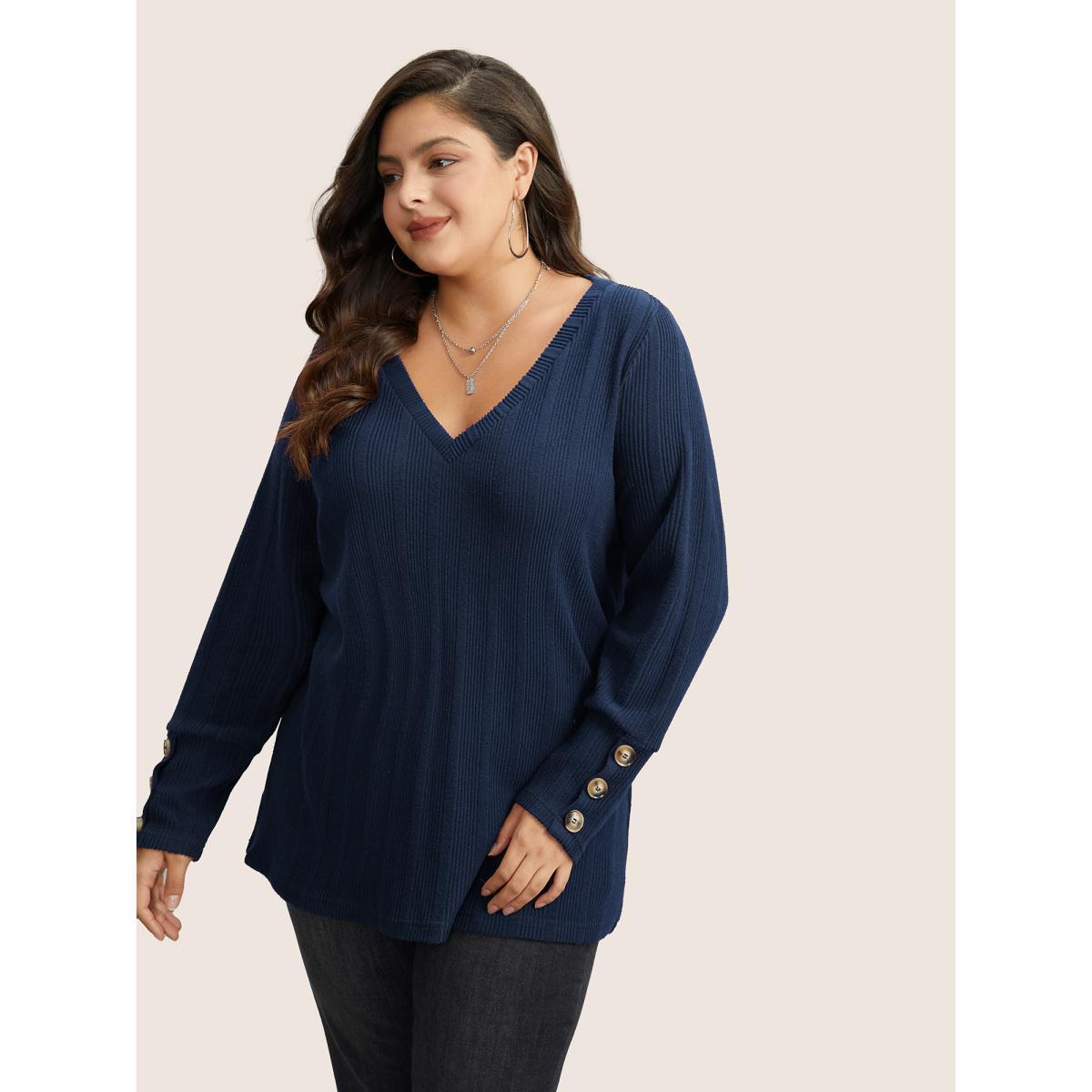 Plus Size Rib Knit V Neck Button Detail T-shirt Black Women Casual Non Plain V-neck Everyday T-shirts BloomChic 22-24/3X Product Image