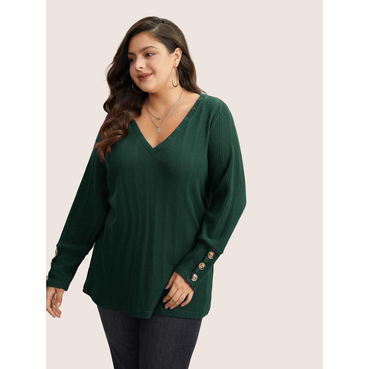 Plus Size Rib Knit V Neck Button Detail T-shirt Eggplant Women Casual Non Plain V-neck Everyday T-shirts BloomChic 28/5X Product Image
